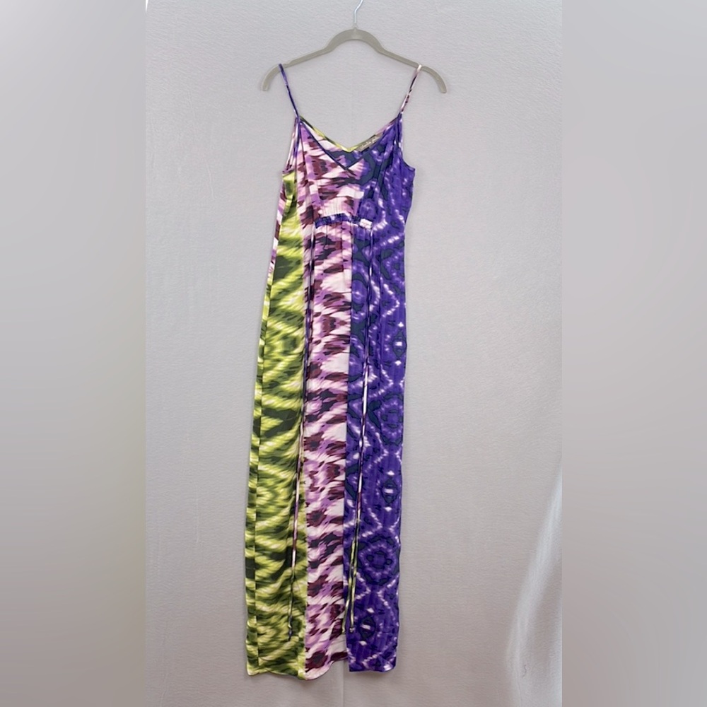 Charlie Jade -women’s 100% silk printed Maxi Dress V- Neck Green/purple size XS